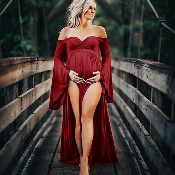 Mqtime Cotton Maternity Dresses for Photo Shoot Sexy Shouldless Ruffle Pregnant Dresses for Women Puff Sleeve Maxi Long Pregnancy Dress